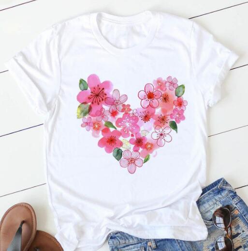 Women's Heart & Flower Print Short Sleeve T-Shirt - Casual Graphic Tee