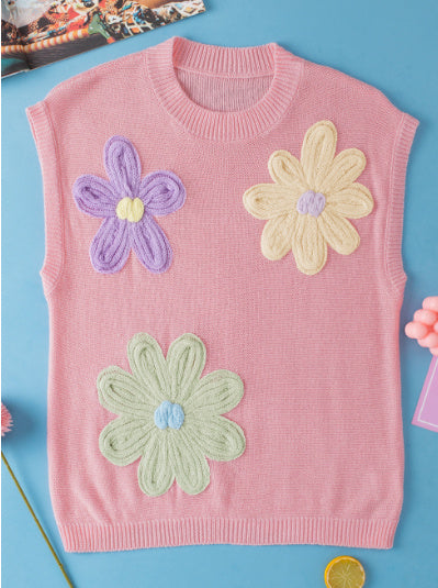 Retro Pink Knit Tank with Colorful Crochet Flower Design - Sleeveless Cotton Top