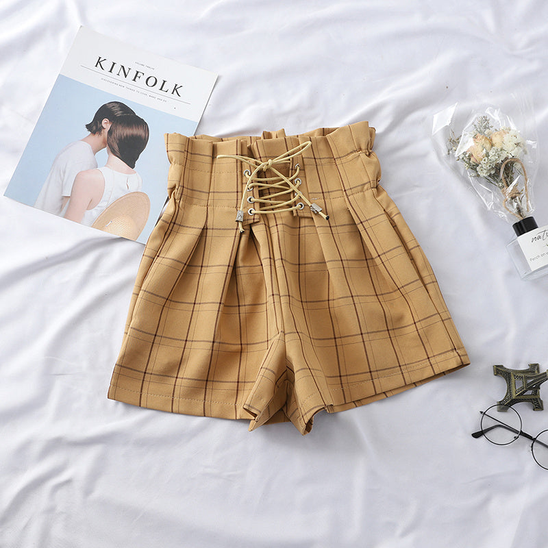 High Waist Plaid Lace-Up Shorts - Women's Casual Summer Bottoms