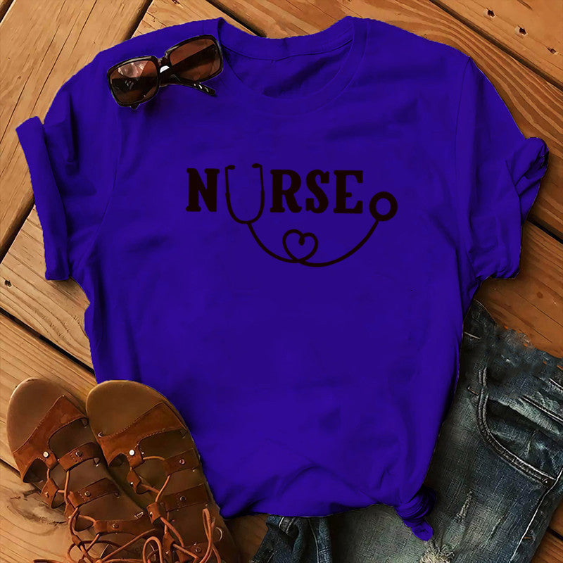 Nurse Graphic T-Shirt - Stethoscope Heart Print Short Sleeve