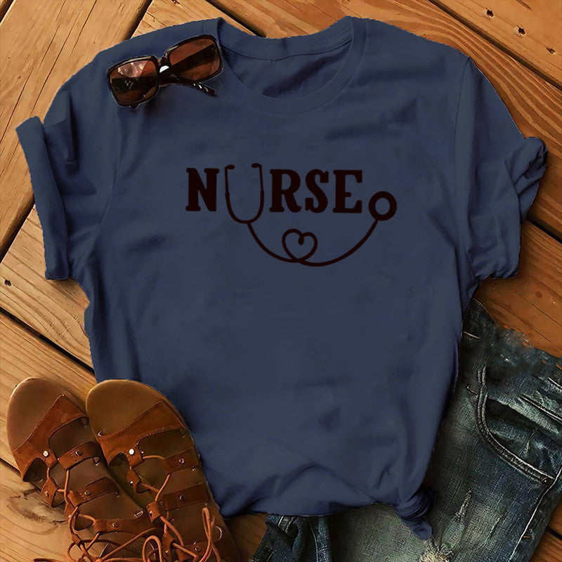Nurse Graphic T-Shirt - Stethoscope Heart Print Short Sleeve