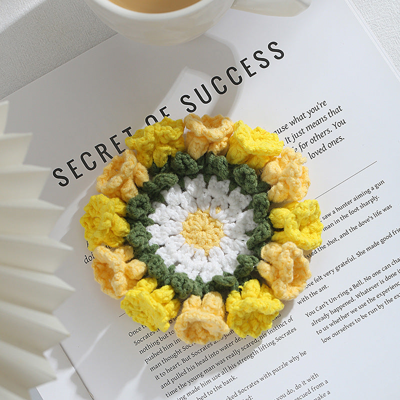 Handmade Knitted Flower Coaster - Colorful Woven Drink Mat