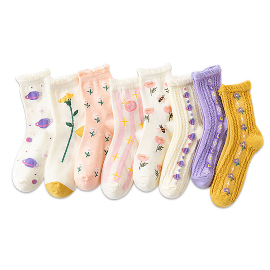 8-Pair Whimsical Floral & Patterned Cotton Sock Set - Cute Jacquard Crew Socks