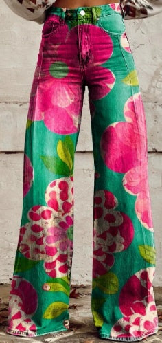 Retro Flower Power Wide Leg Jeans - Bold Boho Statement Pants