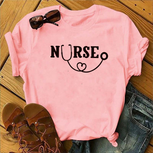 Nurse Graphic T-Shirt - Stethoscope Heart Print Short Sleeve