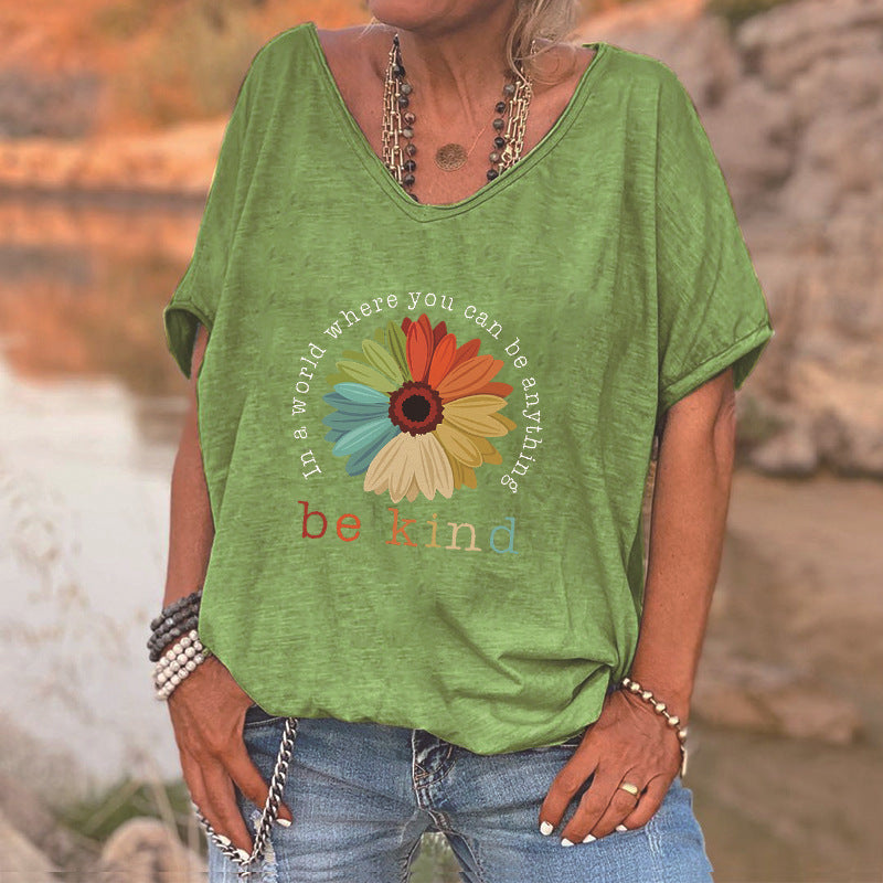 "Be Kind" Flower Graphic V-Neck T-Shirt - Loose Fit Casual Top
