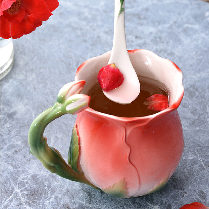 Flower Shaped Porcelain Coffee Mug - Enamel Rose Tea Cup with Spoon