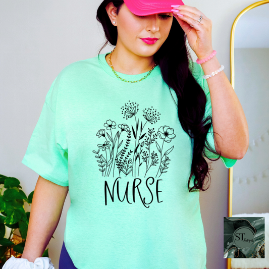 Floral Nurse black print T-Shirt-0