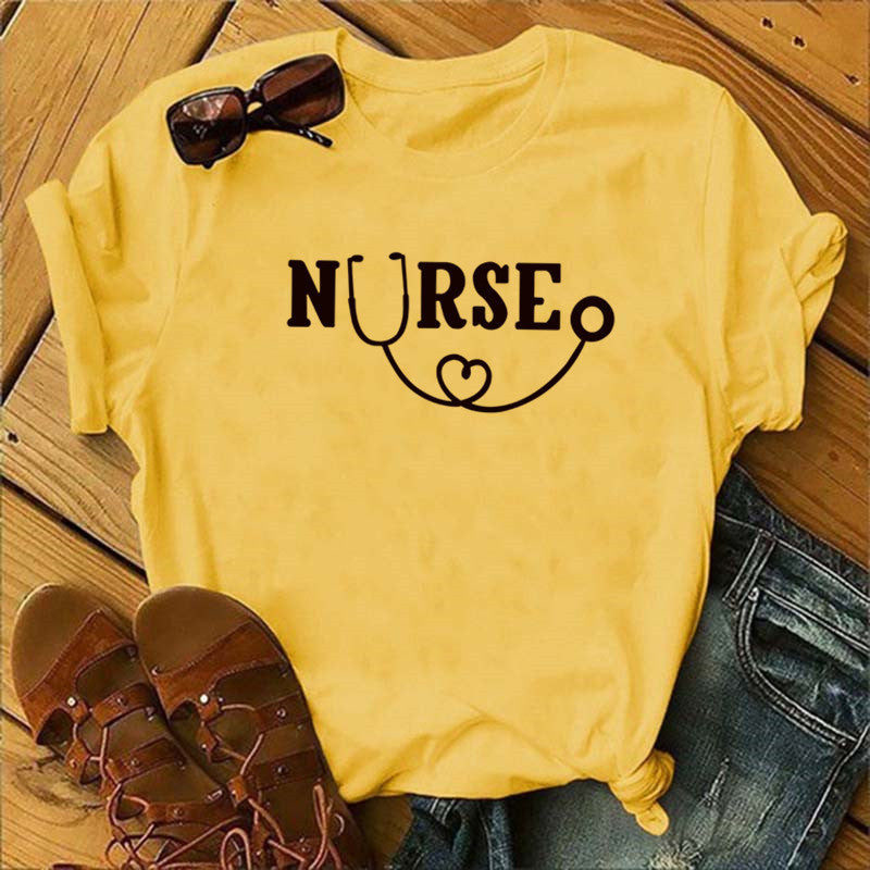 Nurse Graphic Tee - Stethoscope Heart Print Short Sleeve T-Shirt