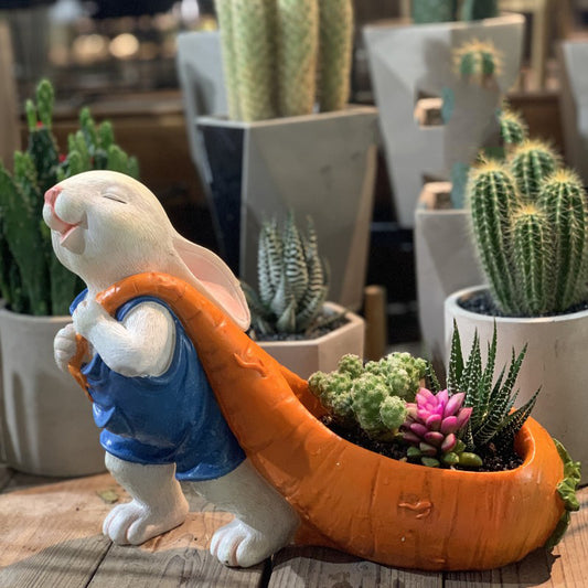 Resin Rabbit Planter with Carrot Flower Pot - Cute Succulent & Desk Decor