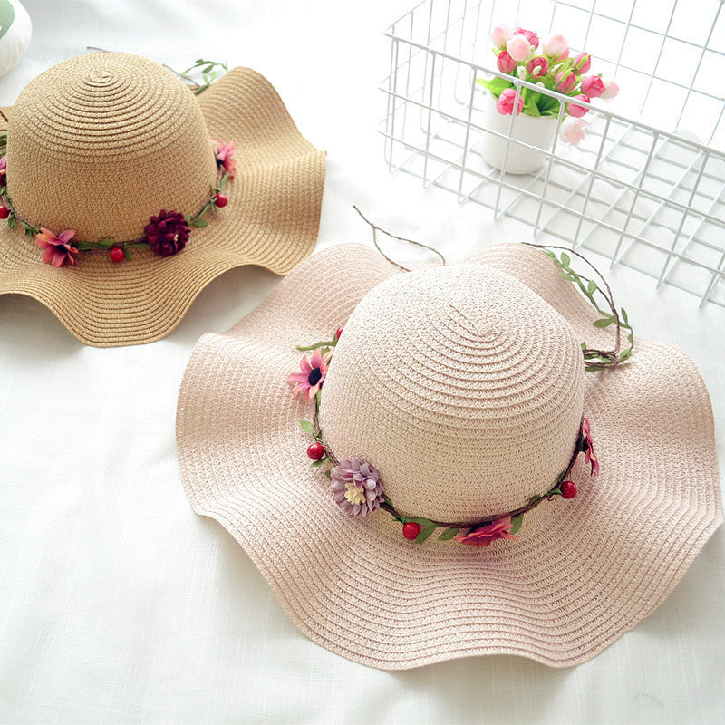 Children's Straw Sun Hat with Floral Band - Wide Brim Summer Hat