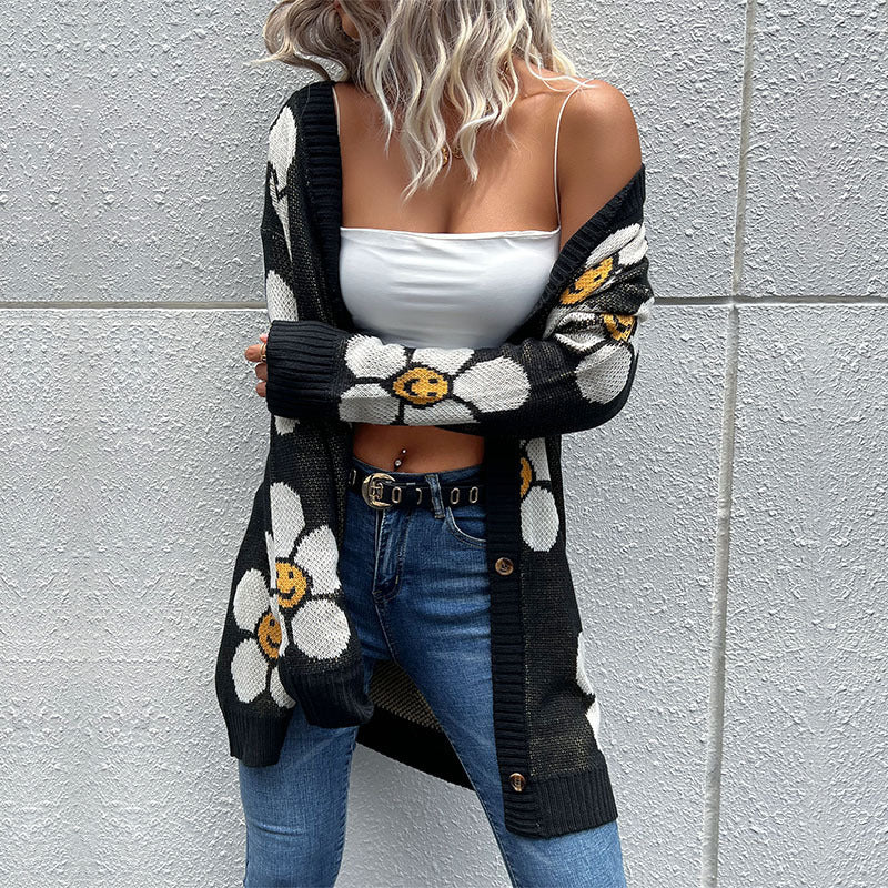 Women's Daisy Print Long Sleeve Cardigan Sweater