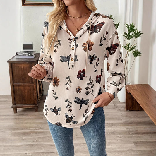 Floral Print Women's Pullover Hoodie - Long Sleeve Casual Sweatshirt