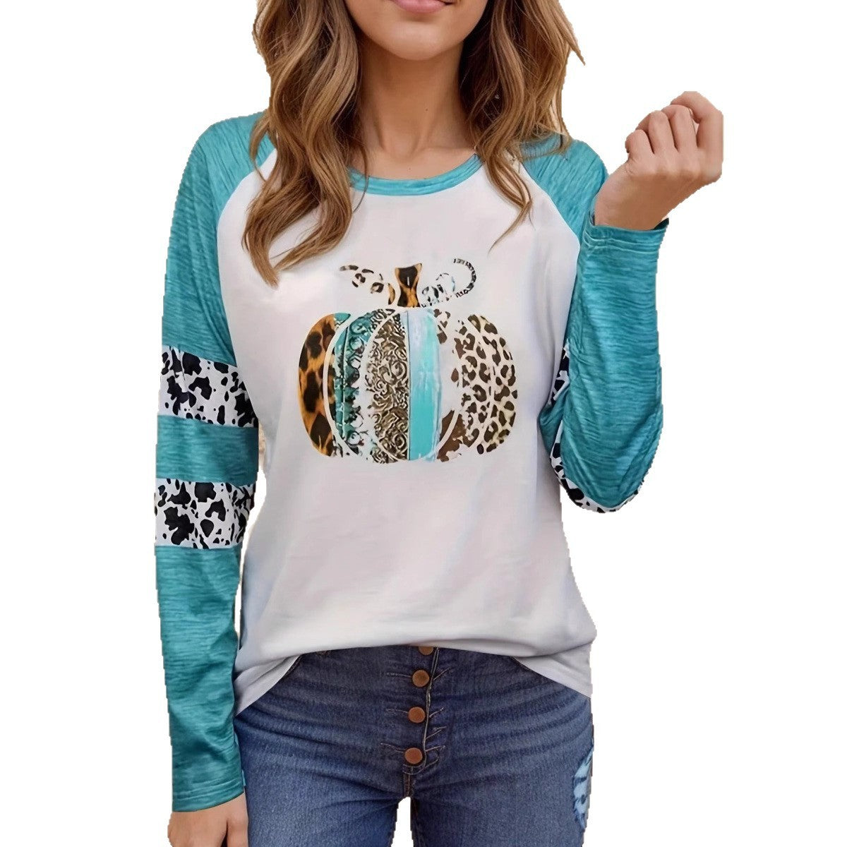 Blue Pumpkin Patchwork Raglan Tee - Women's Fall Long Sleeve Graphic Shirt