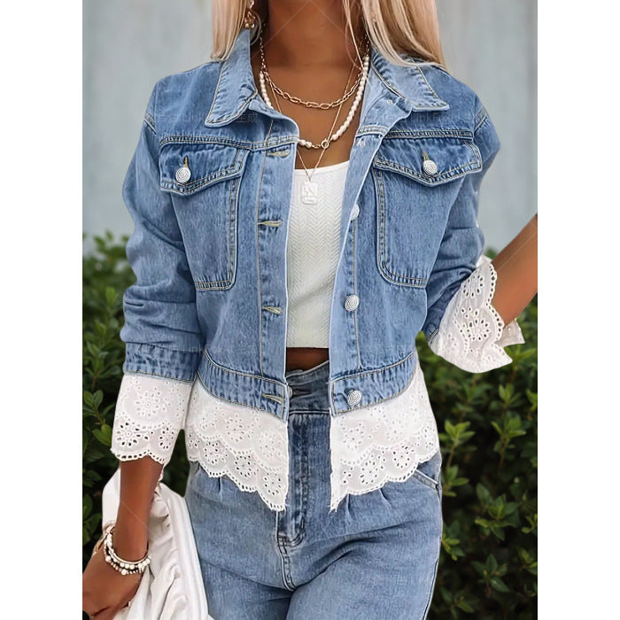 Women's Lace Trim Denim Jacket - Cropped Jean Jacket with Feminine Edge