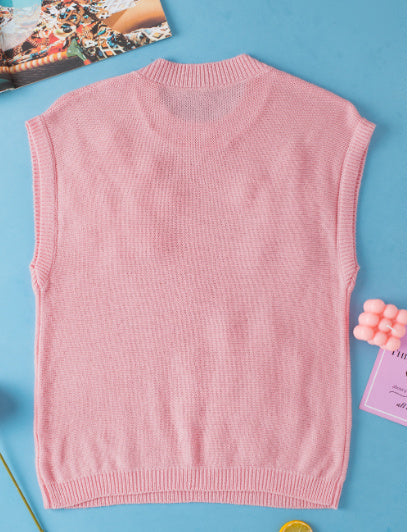 Retro Pink Knit Tank with Colorful Crochet Flower Design - Sleeveless Cotton Top