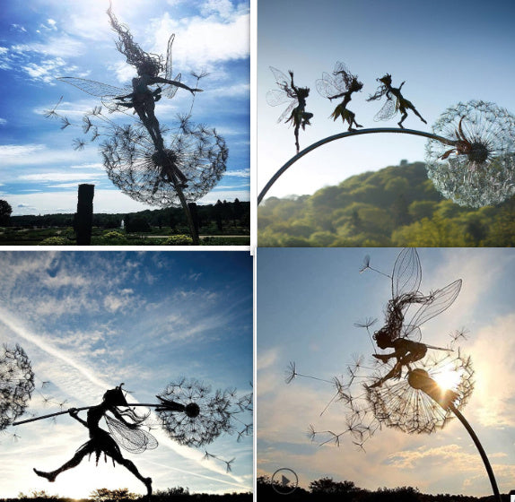 Metal Fairy Garden Sculpture - Dancing Elves with Dandelions