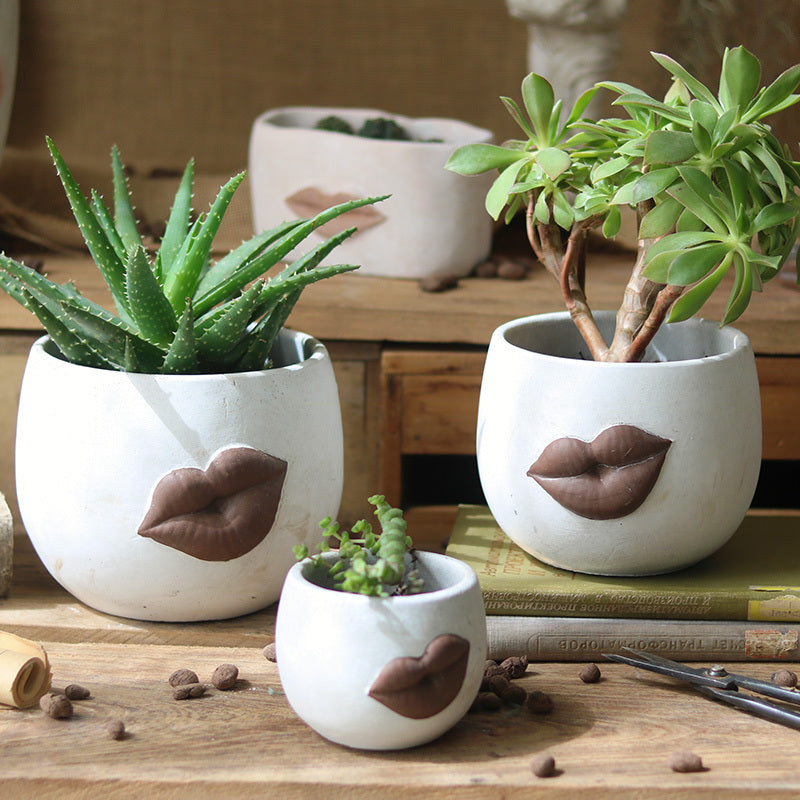 Modern Cement Lips Flower Pot - Abstract Face Planter