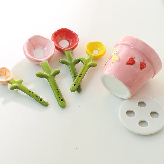 Ceramic Flower Measuring Spoon Set with Pot Holder - 4-Piece Decorative Kitchen Utensils