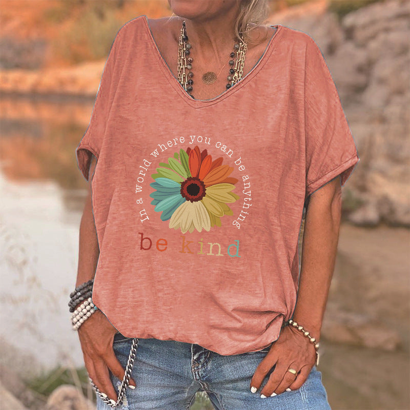 "Be Kind" Flower Graphic V-Neck T-Shirt - Loose Fit Casual Top