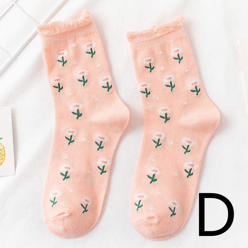 8-Pair Whimsical Floral & Patterned Cotton Sock Set - Cute Jacquard Crew Socks