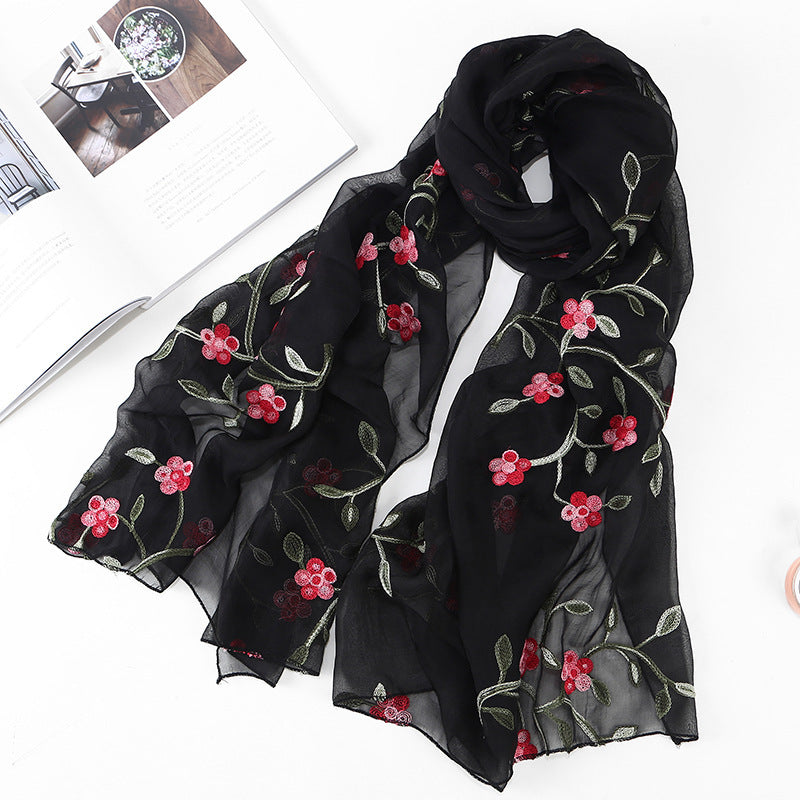 Embroidered Floral Chiffon Scarf - Lightweight Shawl & Wrap