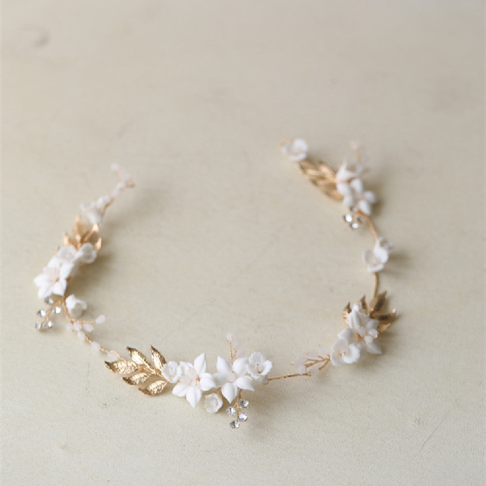 Bridal Flower Crown Headband - Elegant Gold & White Floral Hair Hoop