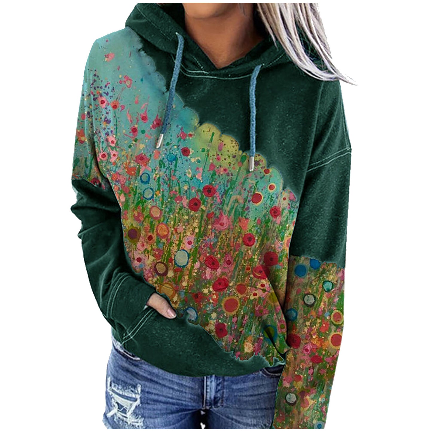Women's Floral Print Hoodie - Long Sleeve Casual Pullover Sweatshirt