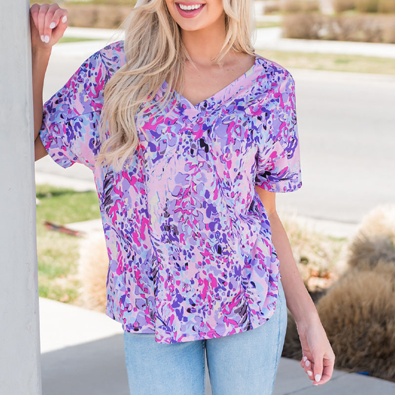 Women's Abstract Floral Print V-Neck T-Shirt - Loose Casual Summer Top