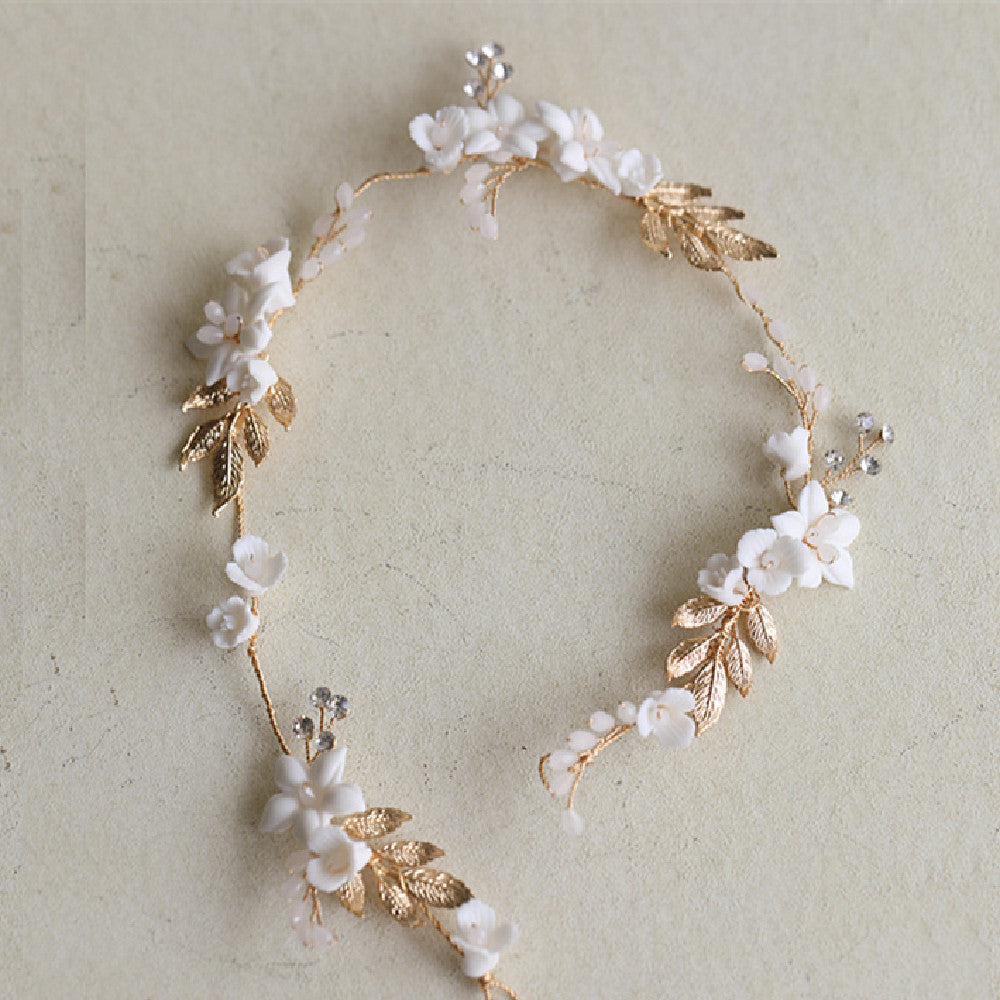 Bridal Flower Crown Headband - Elegant Gold & White Floral Hair Hoop