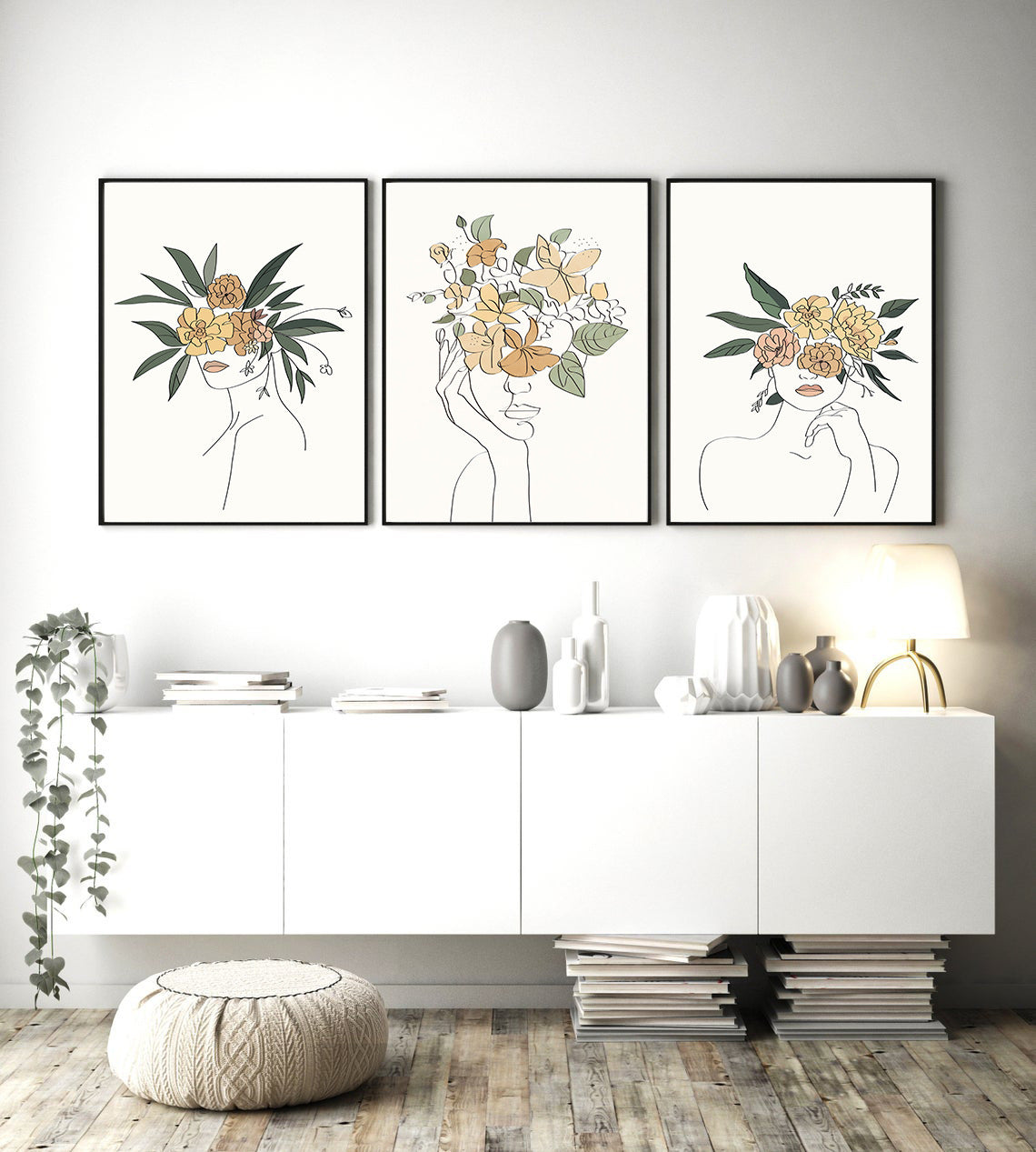 Minimalist Line Art Flower Canvas Prints - Nordic Botanical Wall Decor