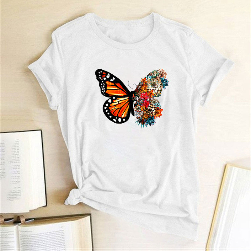 Butterfly & Wildflower Print Cotton T-Shirt - Short Sleeve Casual Tee