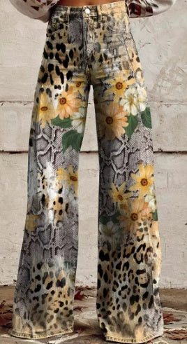 Wildflower Jungle Wide Leg Jeans - Boho Animal Print