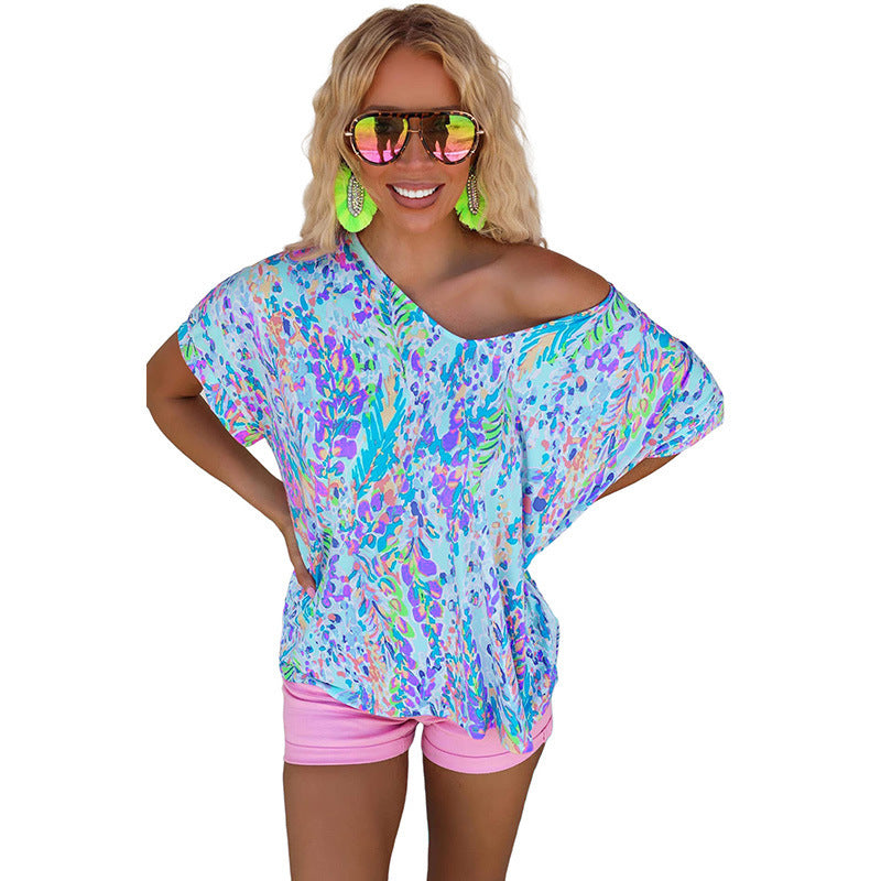 Women's Abstract Floral Print V-Neck T-Shirt - Loose Casual Summer Top