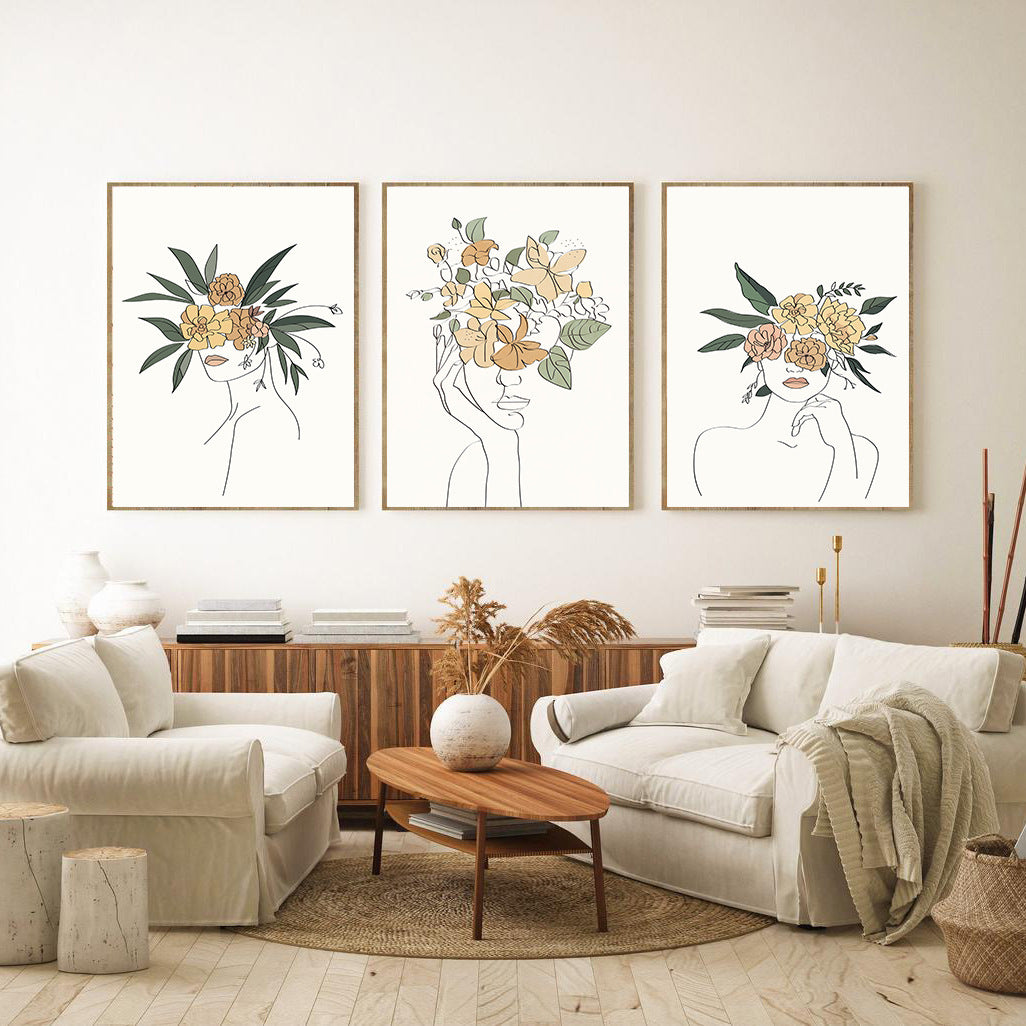 Minimalist Line Art Flower Canvas Prints - Nordic Botanical Wall Decor