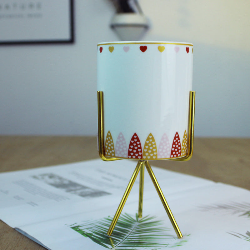 Modern Ceramic Flower Pot with Gold Stand - Nordic Style Planter