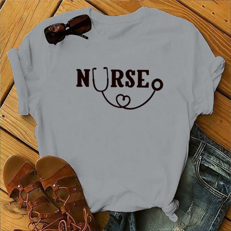 Nurse Graphic T-Shirt - Stethoscope Heart Print Short Sleeve