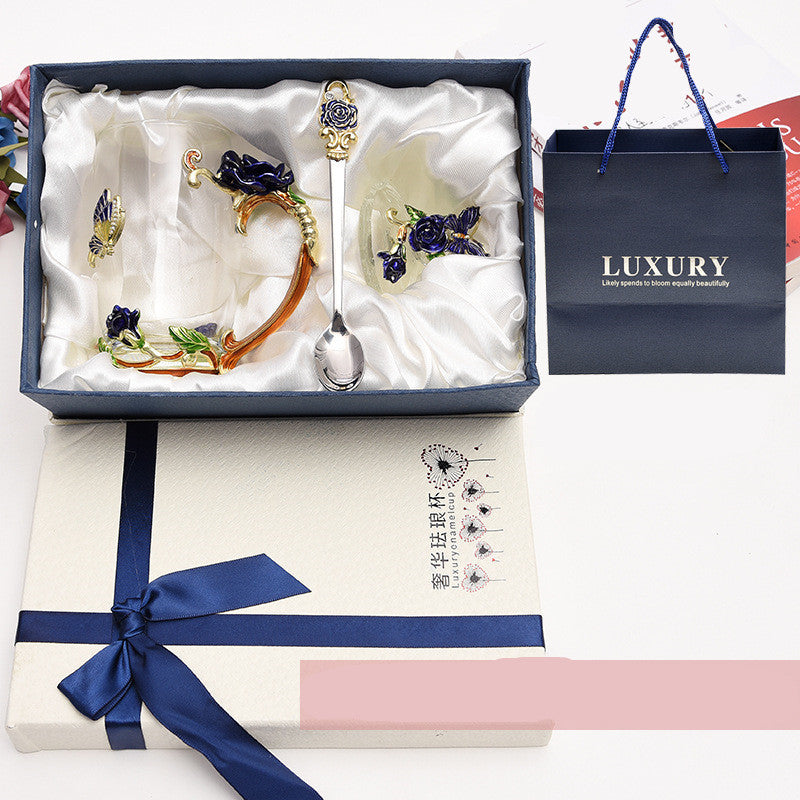 Luxury Enamel Flower Glass Teacup Set with Spoon - Gift Boxed Tea & Coffee Mug