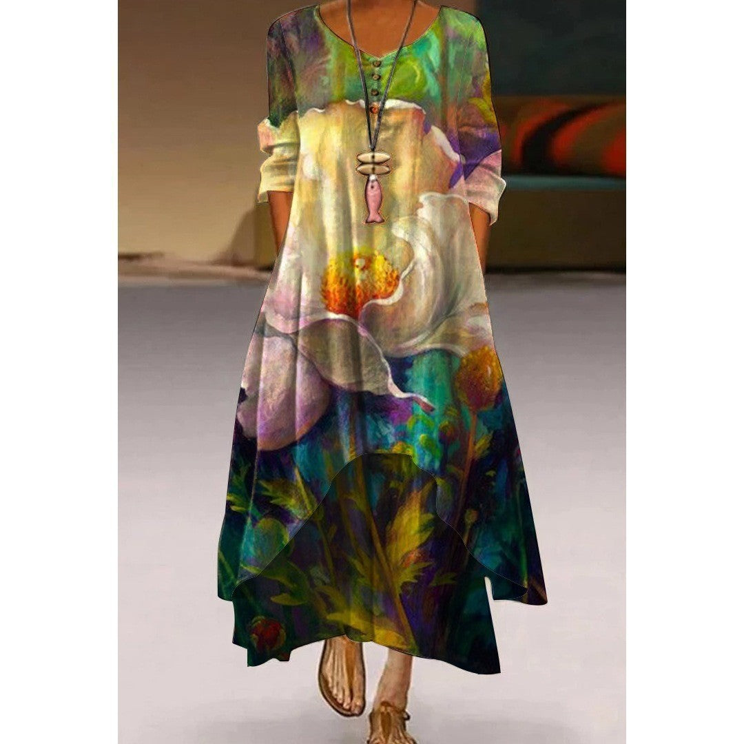 Boho Floral & Abstract Maxi Dress - Irregular Hem, Casual Loose Fit