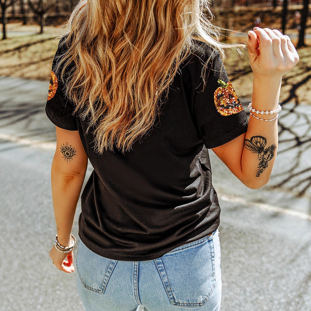 Sequin Pumpkin Halloween T-Shirt - Sparkly Jack-O'-Lantern Graphic Tee