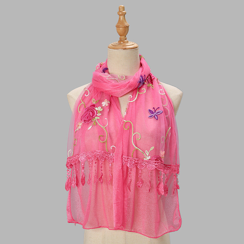 Embroidered Floral Tassel Scarf - Lightweight Double-Layer Wrap for Women