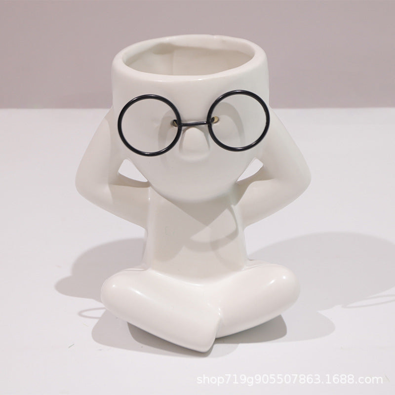 Quirky Ceramic Figure Flower Pots with Glasses - Cartoon Planters