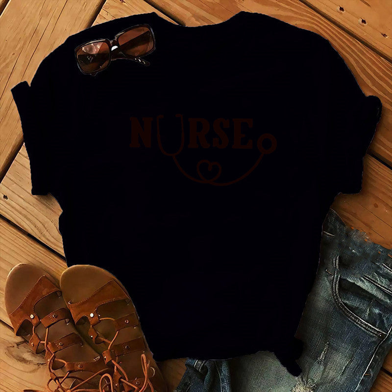Nurse Graphic T-Shirt - Stethoscope Heart Print Short Sleeve