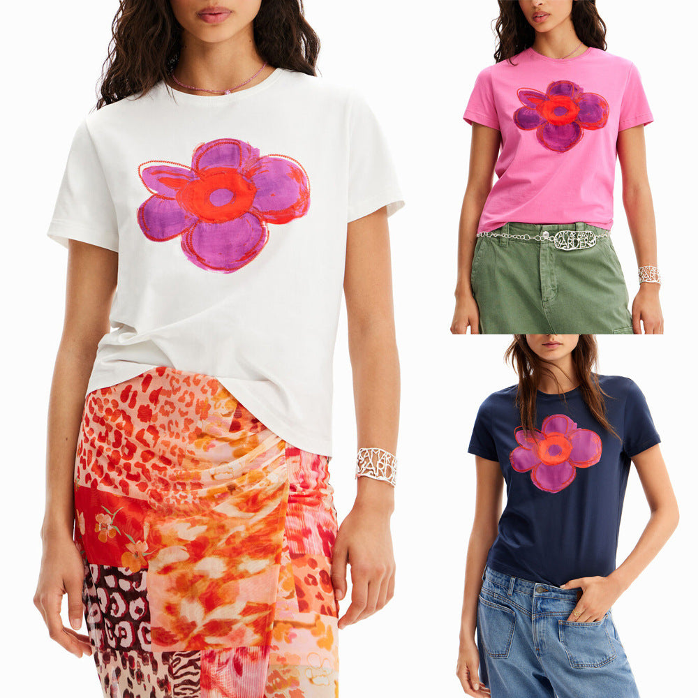Retro Flower Graphic T-Shirt - Candy Color Floral Print Tee