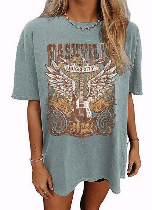 Nashville Music City Graphic Tee - Vintage Guitar & Wings Print