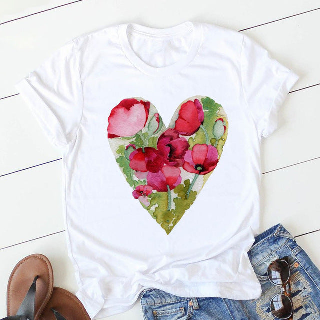 Women's Heart & Flower Print Short Sleeve T-Shirt - Casual Graphic Tee