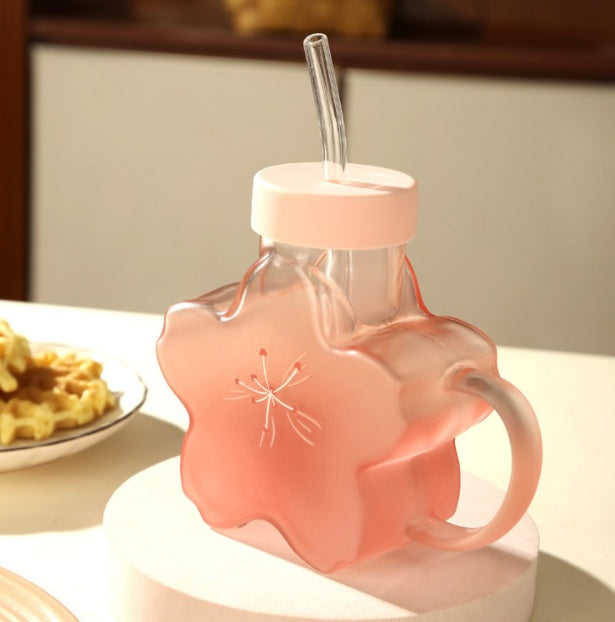 Pink Flower Glass Cup with Straw - Heat-Resistant 355ml Drinkware