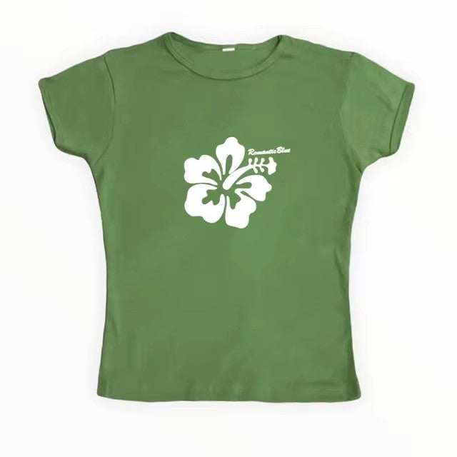 Retro Hibiscus Flower Print Short Sleeve Tee - Casual Y2K Summer Top
