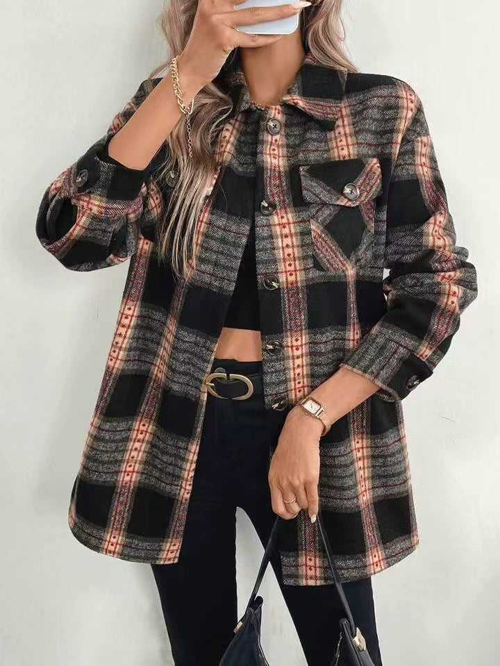 Women's Black Plaid Shacket - Plush Button-Up Long Sleeve Shirt Jacket
