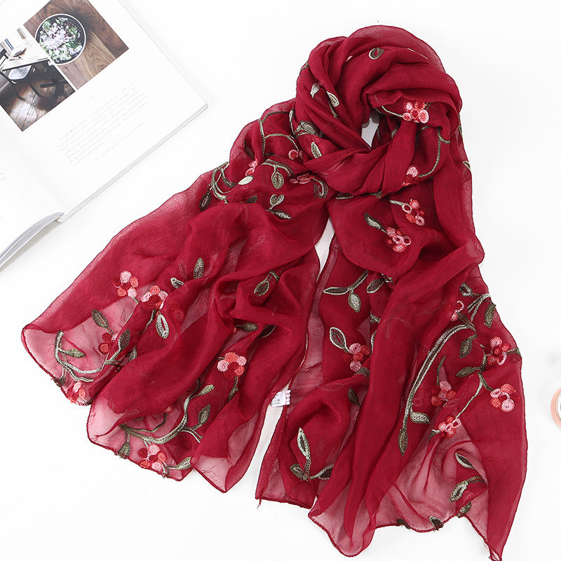 Embroidered Floral Chiffon Scarf - Lightweight Shawl & Wrap